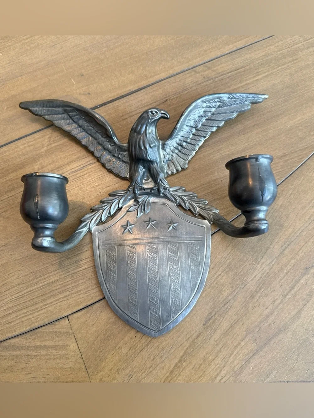 Colonial Casting Co. Double Candle Wall Sconce, Pewter, Eagle,3-Star Shield